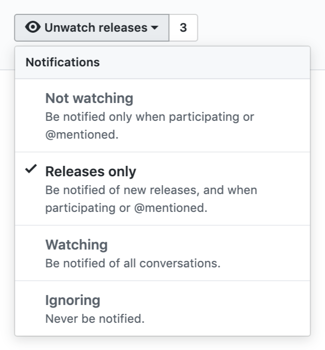 GitHub Watch options dropdown showing "Releases only" highlighted